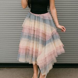 Howl Boho Tulle Maxi Skirt Womens Small Gray Pink Cream Layer Asymmetrical